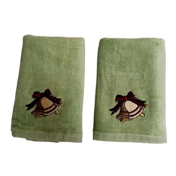 Set of 2 Holiday Washcloths Sage Green Christmas Bells Rustic Lodge Cabin 12" - Picture 2 of 9